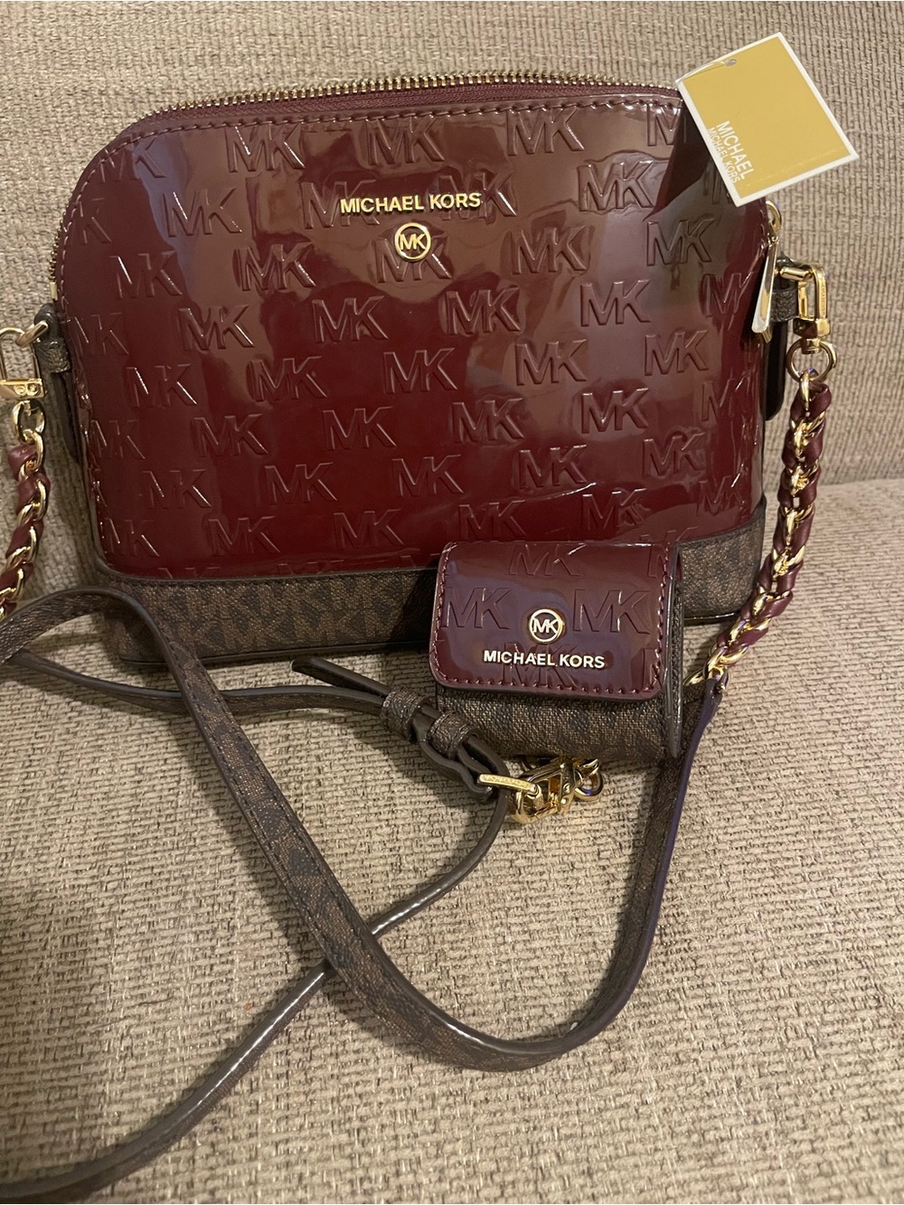Michael Kors Burgundy Patent and Brown Logo Crossbody Bag